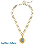 Susan Shaw Handcast Gold Square with Aqua French Glass Necklace