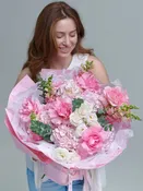 All the Pinks - a bouquet of hydrangeas, snapdragons, lisianthus, and roses