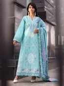 Aqua Blue Lawn Intricate Threadwork Elegant