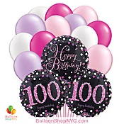 100th Pretty Pink Happy Birthday Mylar Latex Balloon Bouquet Inflated