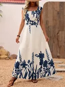 Blue Printed Square-Neck Maxi Dress | S–XL