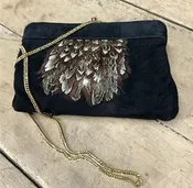 70s Ruth Saltz Suede Clutch Purse, Vintage Feathered Shoulder Bag