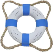 10”H Wood Life Ring with Rope Blue and White