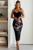 Black And Brown Floral Lace Trim Midi Dress