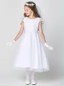 189 Girls White First Communion Dress w/ Embroidered Tulle Bodice & Skirt