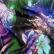 0.5 Yard of Sustainable and Recycled Viscose Satin Print - Blue, Purple and Green Glowing Flowers - Mood Exclusive Ignite the Light