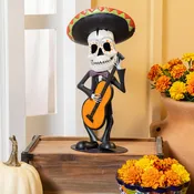 Metal Day of the Dead Skeleton with Guitar Garden Statue
