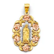 14K Three-Tone Gold Flower Guadalupe Religious Pendant