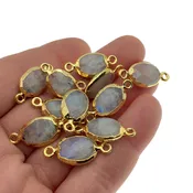 10-13mm Natural Iridescent Gray Moonstone Connector | Gold Electroplated Oval Faceted | Single Piece