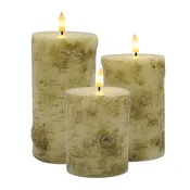 Battery-Operated Birch Wood Pillar Candles - Set of 3