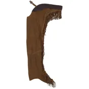 Suede leather chaps with fringe down each leg. Comes with engraved concho in back