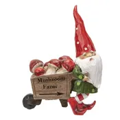 PT Hand Painted Resin Garden Gnome Pulling Wheelbarrow of Mushrooms