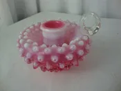 Vintage Fenton Cranberry Opalescent Hobnail Candle Holder with Clear Glass Finger Loop