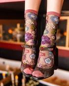 Dark Florals Black Sheer Crew Sock