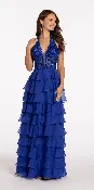 Chiffon Tiered Halter A Line Dress with Embellished Appliques