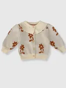 100% Cotton Knit Sweater Cardigan with Peter Pan Collar and Floral Detail