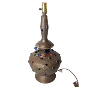 Antique Art Nouveau Brass Jeweled Table Lamp