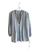 120% Lino Size 42 Baby Blue Linen Long Sleeve V Neck Beaded Design Top