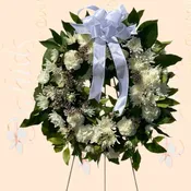 White Carnations & Mums Open Standing  Wreath 15"