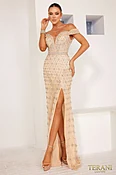 241GL2677 Off-Shoulder Tulle Champagne Column Evening Dress