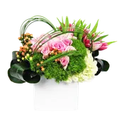 AF 100-6 Pink Roses & Tulips Modern Cube Vase Floral Arrangement