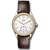 Rolex 1908 52508-0006 Fluted Bezel White Index Arabic Dial Brown Strap Yellow Gold Watch