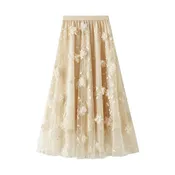 Apricot Embroidered Tulle A-Line Maxi Skirt