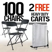 100 Black Plastic Folding Chair Bundle with 2 Heavy Duty Carts and Safety Straps