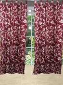 2 Red Printed Curtains – Handmade Tab Top Drapes, Luxurious Textured Window Panels