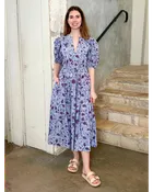 Adriana Wave Floral Puff Sleeve Belted Midi Dress in Gardenia