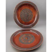 2 Vintage Polish Folk Art Hand Carved Wood Plates with Inlaid Brass Metal - Flower Designs - Made in Poland