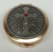 Brass Pyx - Cross with IHS, and a Leather Burse