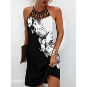 2024 Women Elegant Dress Loose Casual Short Dress Hollow Out Floral Print Round Neck Ladies Summer Dress 2022