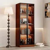 23.6'' Brown Glass Display China Cabinet Liquor Curio Storage Hutch, Mid Century Modern Wooden 4-Tier Dining Shelf with Led for Living Room