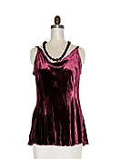 Tunic-top silk velvet bias shawl collar and velvet chain necklace burgundy color