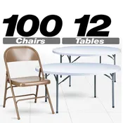 100 Brown Metal Folding Chairs + 12 Plastic Round Table Kit