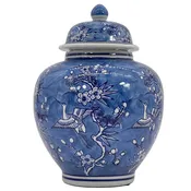 10" Blue & White Floral Crane Ceramic Chinoiserie Ginger Jar