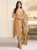 Mustard Art Silk Hand Embroidered Straight Cut Classic Festive Wear