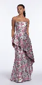 Angled Peplum Strapless Metallic Floral Jacquard Dress