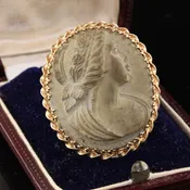 Antique 14K Yellow Gold Cameo Carved Stone Pin - Handmade