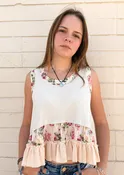 Floral Patch Ruffle Tank-Almond