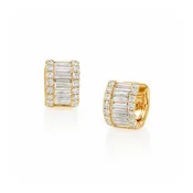 Baguette and Round Diamond Huggie Earrings in Yellow Gold