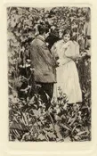 Two figures in garden with self-portrait