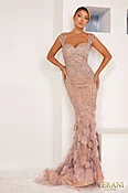 241GL2625 Queen Anne Tulle Taupe Rose Sleeveless Evening Dress