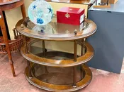 Vintage Tri Level Oval Wood & Glass Stand