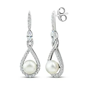 Cultured Pearl & White Lab-Created Sapphire Drop Earrings Sterling Silver