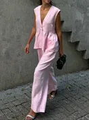 100% Cotton One-Button Top & Wide-Leg Pants Set | S–L