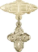 4-Way Charm Badge Pin with Cross | Sterling Silver & Gold Catholic Lapel Pin