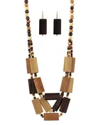 3 Layered Wood Rectangle Necklace Set Brown
