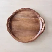 17.75" D Round Wood Tray with Braided Handles